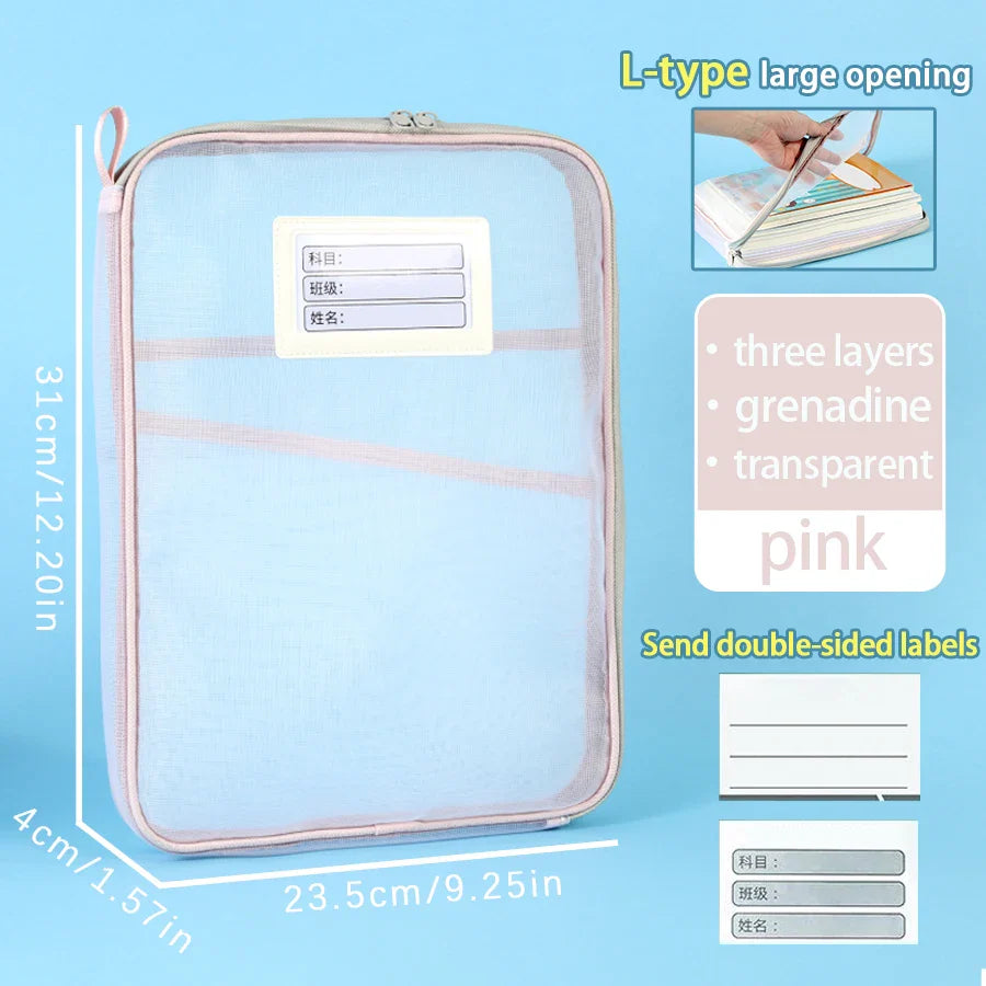 1 Pcs A4 Transparent File Subject Classification Thickened 5 Colors Mesh Simple Hand Storage Bag