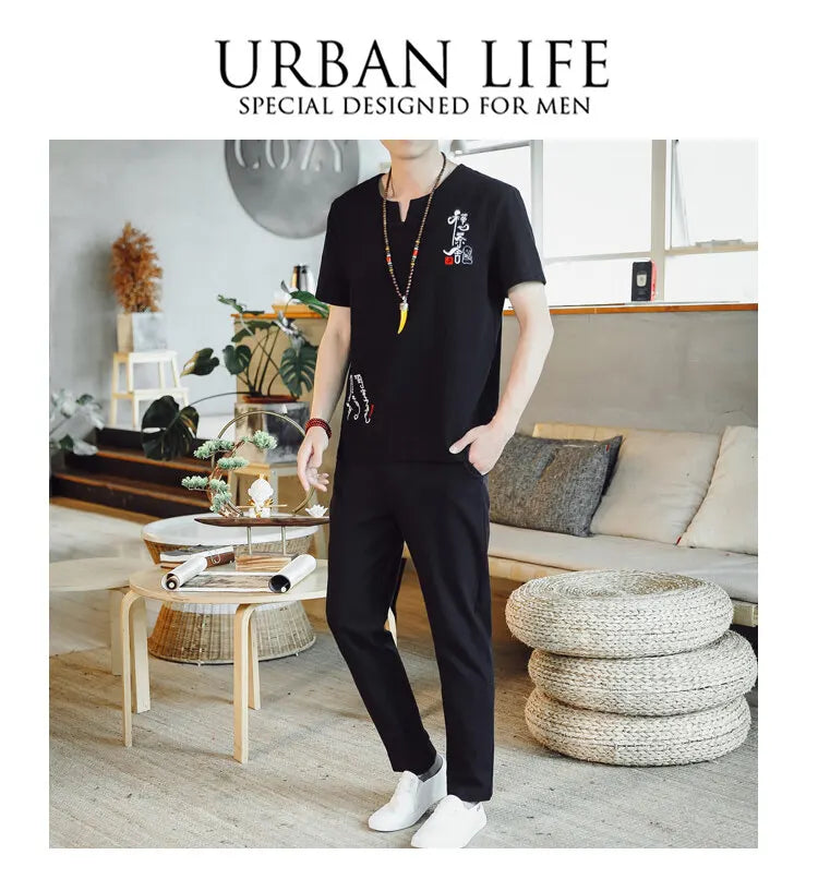 (Shirt + trousers) 2025 summer Chinese Style men shirt Cotton and linen shirts men's High quality casual shirts Two Piece M-5XL
