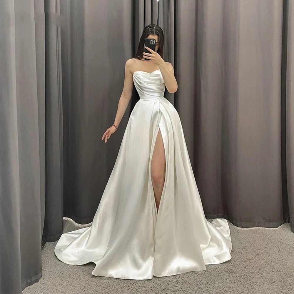 White Bridesmaid Dresses: A Line Wedding Dresses Strapless Side Split Bridal Gowns