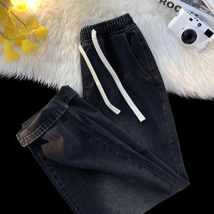 Men's Baggy Straight Drawstring Elastic Waist Personality Fashion Vintage Denim