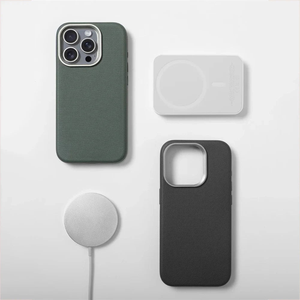 Luxury Alloy Lens Frame Particle PU Leather Magnetic Case For iPhone 17 16 Pro Max 15 14 13 For Magsafe Wireless Charging Cover