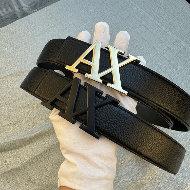 2026 Designer Men's Belt - AX Letter Buckle, 3.8cm Wide, Lychee Pattern, Plain Weave, High-End Fashion, Premium Leather Waistban