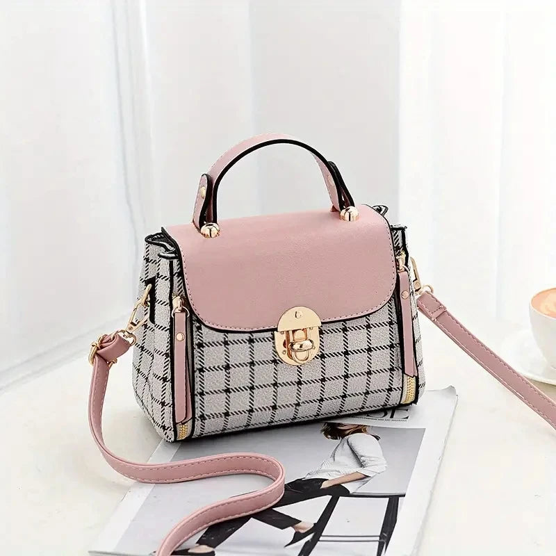 Women Trendy Flap Shoulder Bag PU Leather Crossbody Bag Simple Plaid Designer