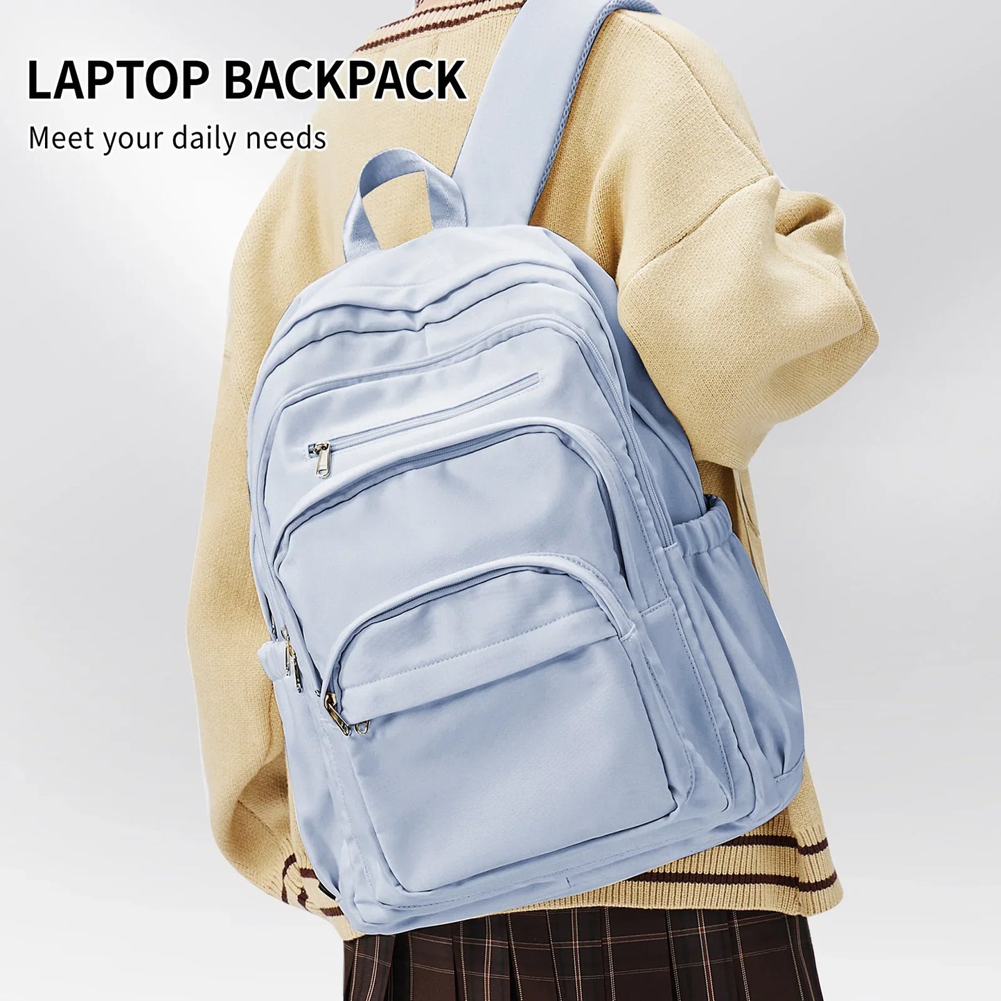 Casual Nylon Backpack, Backpack for Women, Multi-Pocket Design in Light Blue Durable for School, High School and College Bookbag