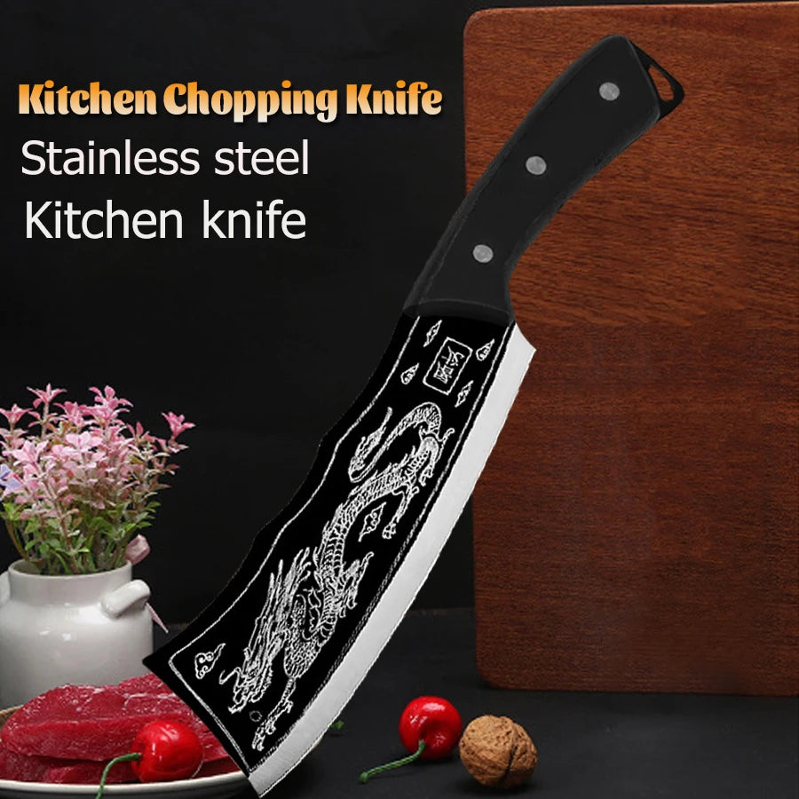 Dragon Pattern Forged Bone Chopping Knife Stainless Steel Meat Cleaver Sharp Knife