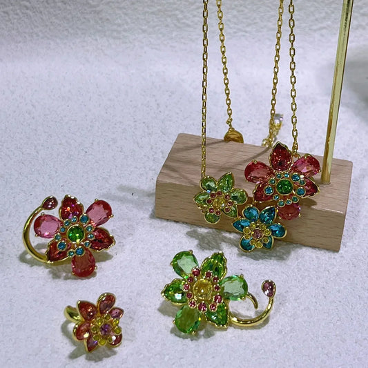 Flower Crystal Boutique Irregular Original Jewelry Set New Color Earring Exquisite Necklace Ring Bracelet Wedding Gift for Women