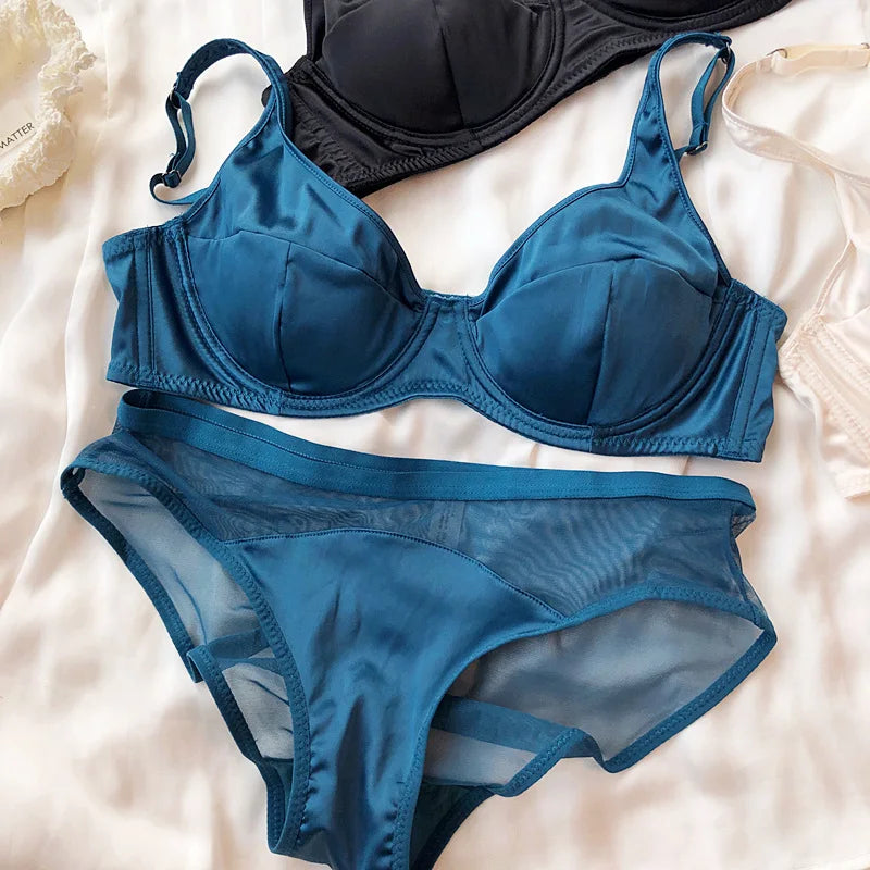 Women Ice Silk Comfort Underwear Small Breast Push Up Bra Set Detachable