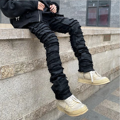 Waxed Jeans Mens High Street Retro Straight Ripped Pencil Pants Oversize