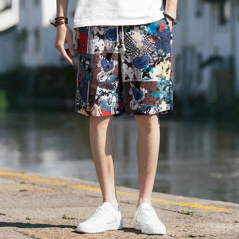 2026 Summer New Boutique Flower Cotton Linen Men's Casual Beach Shorts Men's Comfortable Breathable Leisure Shorts Male XXXXXL