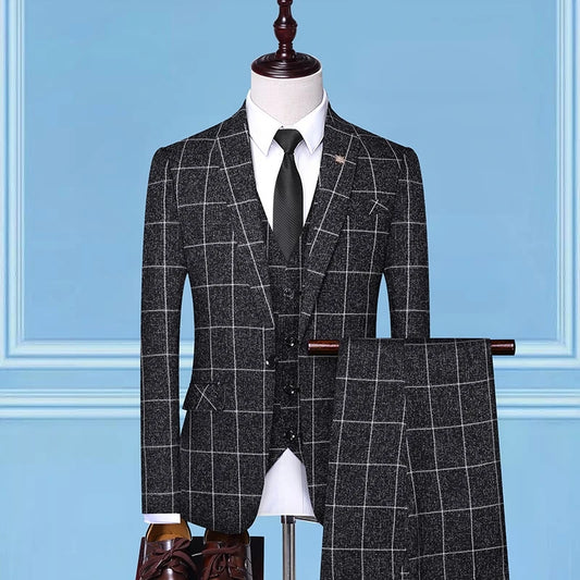 British Style Men Plaid Vest Blazer Pants 3 Pieces Set / Male Fashion