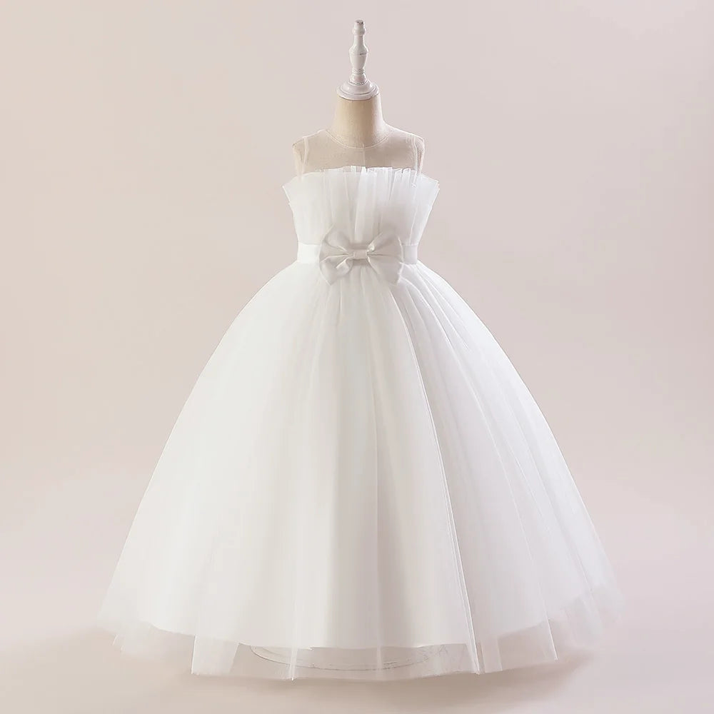 Summer Tulle Bridesmaids Pink Party Dresses for Girls Elegant Bow Princess Wedding Girls Dress First Communion Wedding Prom Gown