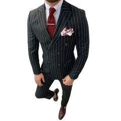 Black Striped Men Suits Two Piece Fashion Peak Lapel Double