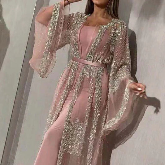 Elegant Women Glitter Flared Long Sleeve Long Dress Vintage French Evening Dress