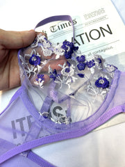 Purple Lingerie Woman Lace Transparent Underwear Fairy Embroidery Brief Sets