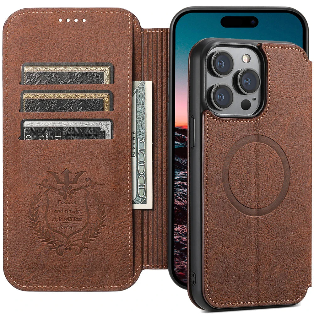 Wireless Charging Leather Phone Case For iPhone 12 13 14 15 16 Plus 17 Pro Max Flip Cover Wallet Card Holder