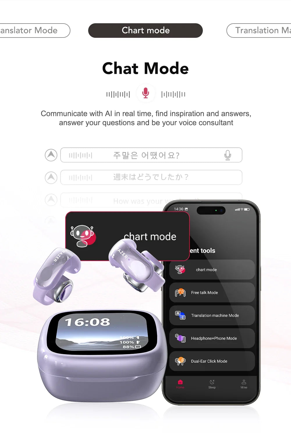 Translator ERAZER XF28 Bluetooth V6.0 Open-ear True Wireless EarbudsTranslation Earphones Office Travel,ASMR Headset APP