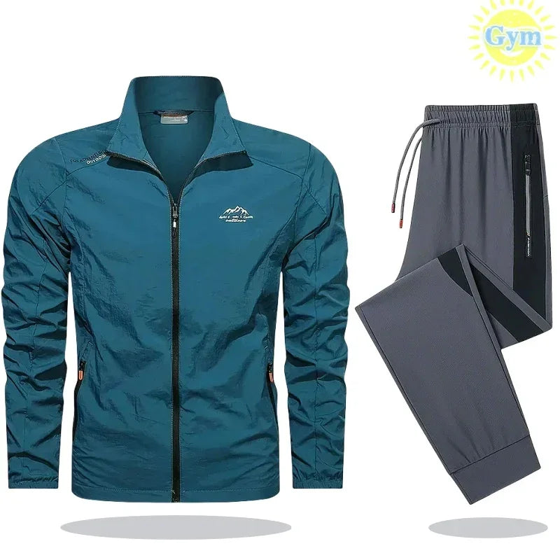 Mens Tracksuit Spring Summer Sportswear 2 Piece Sets Sports Suit Sunscreen Jacket+Pant Running Set Men Fishing Jogger Sweats Set