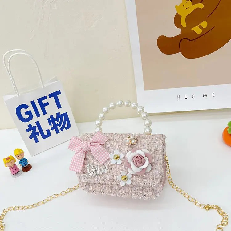 Korean Style Pearl Kid's Handbag Bow Princess Shoulder Messenger Bag