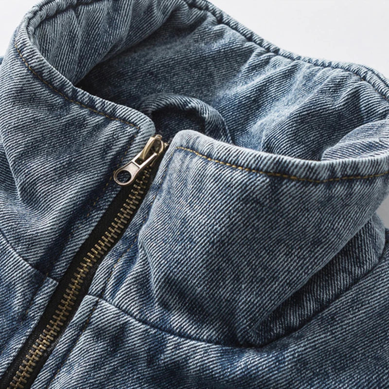 Japan Style Stand Collar Men Letters Printed Retro Denim Jacket