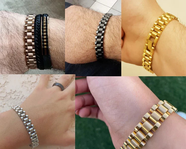 10MM Watchband Style Men's Bracelets For Women Man Ladies Gold Color Stainless Steel Mannen Armband Male Jewelry Accessories New