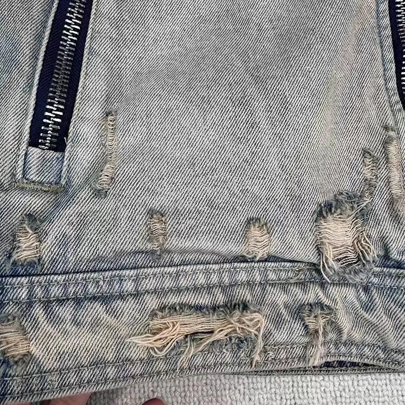 Collarless wash denim motorcycle jacket