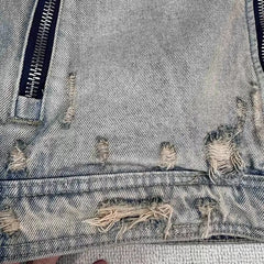 Collarless wash denim motorcycle jacket