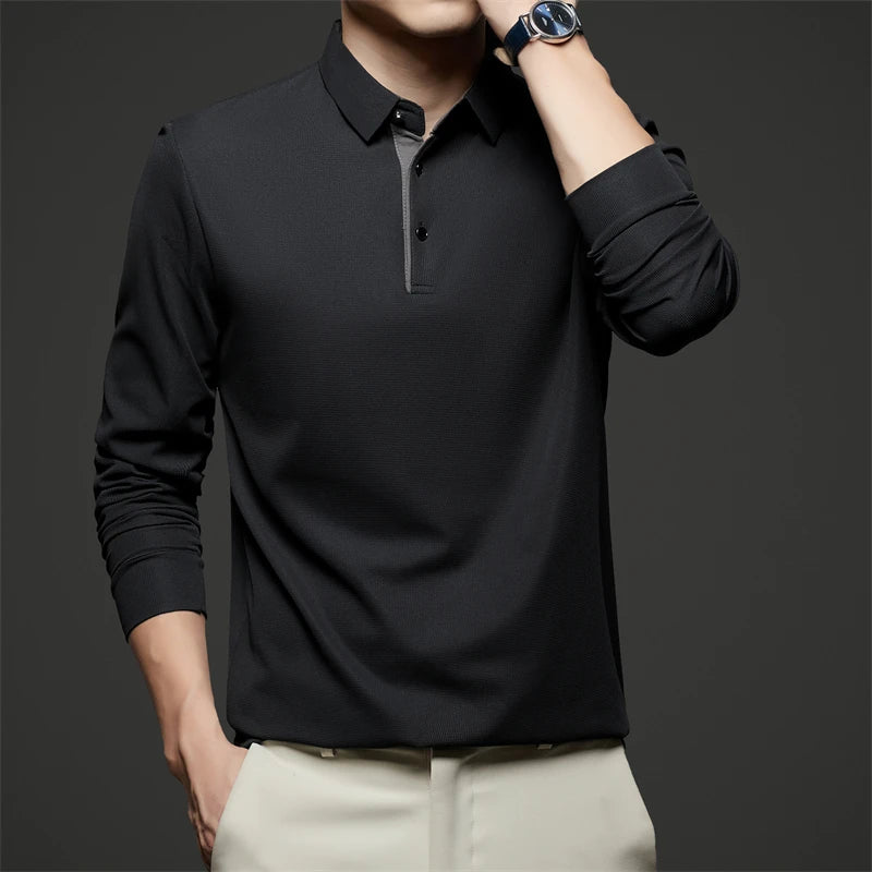 New Men's Business Casual  Long Sleeve Solid Color Polo Shirt Fashionable Warm Comfortable Four Seasons Versatile Top