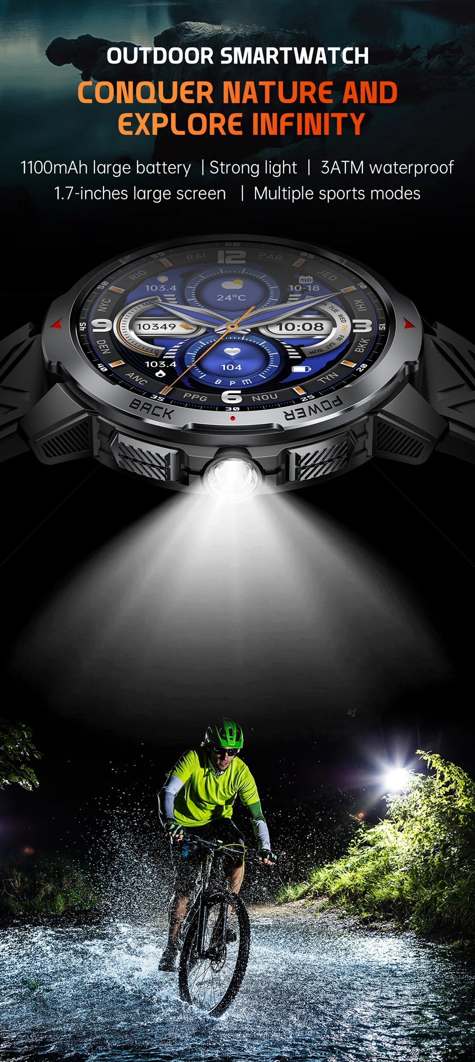 1100mAh Military Outdoor Smart Watch Men 1.7-inch Large Display Compass Sports Watch IP68 Waterproof Bluetooth Call Smartwatch