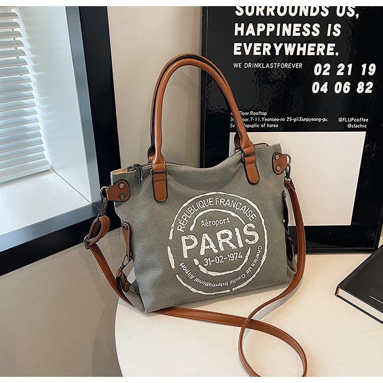 Large Retro Canvas Tote Bag Adjustable Shoulder Strap Vintage Paris Stamp Print