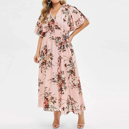 Plus Size 4XL 5XL Women Dress Floral Print Vacation Beach Sundress Summer Fashion Short Sleeved Oversize Dresses Street Wear