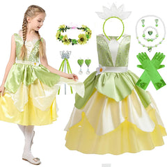 Tiana Dress Up Princess  Girl Cosplay Role Playing Party Costume Children Sleeveless Frock