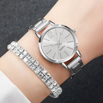 6PCS/Set Women's Watch Fashion Steel Band Quartz Watches Diamond Bracelets Set（Without Box）