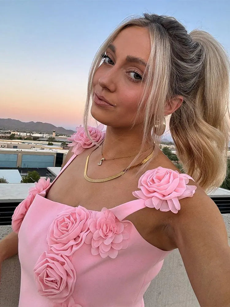 Pink 3d Flower Slim Sling Mini Dress For Women Chic High Waist Sleeveless