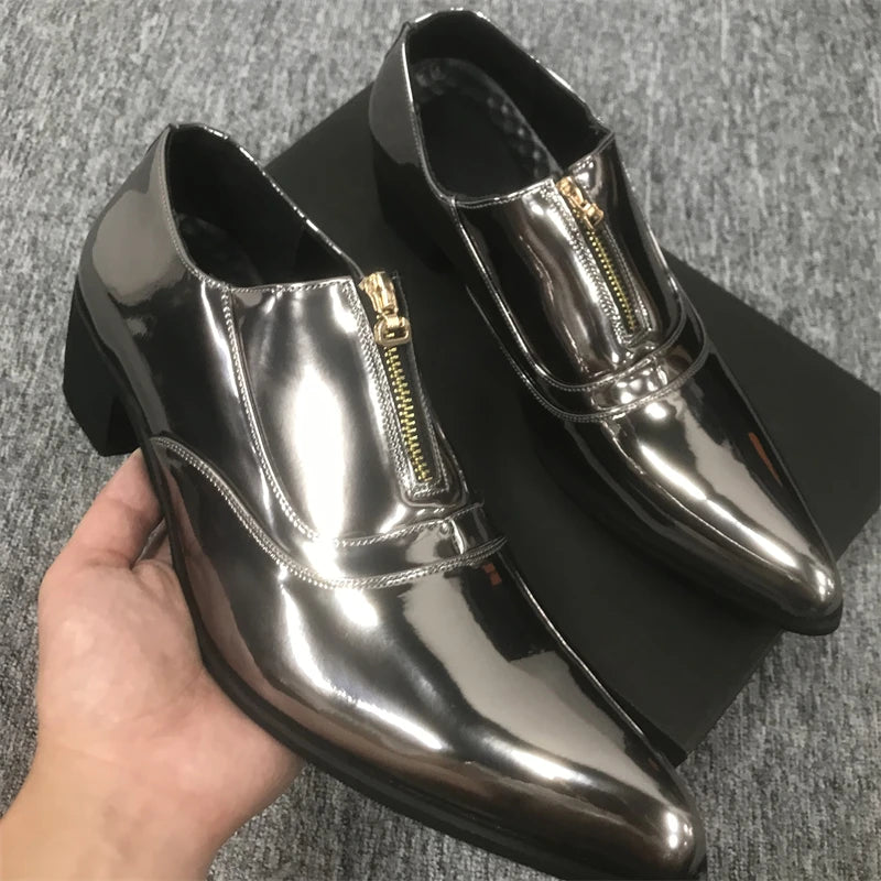 Silver Height Increase Men Shoes 38-46 Leather Wedding High Heels Dress Shoes Formal Slip-On Career Work Shoes