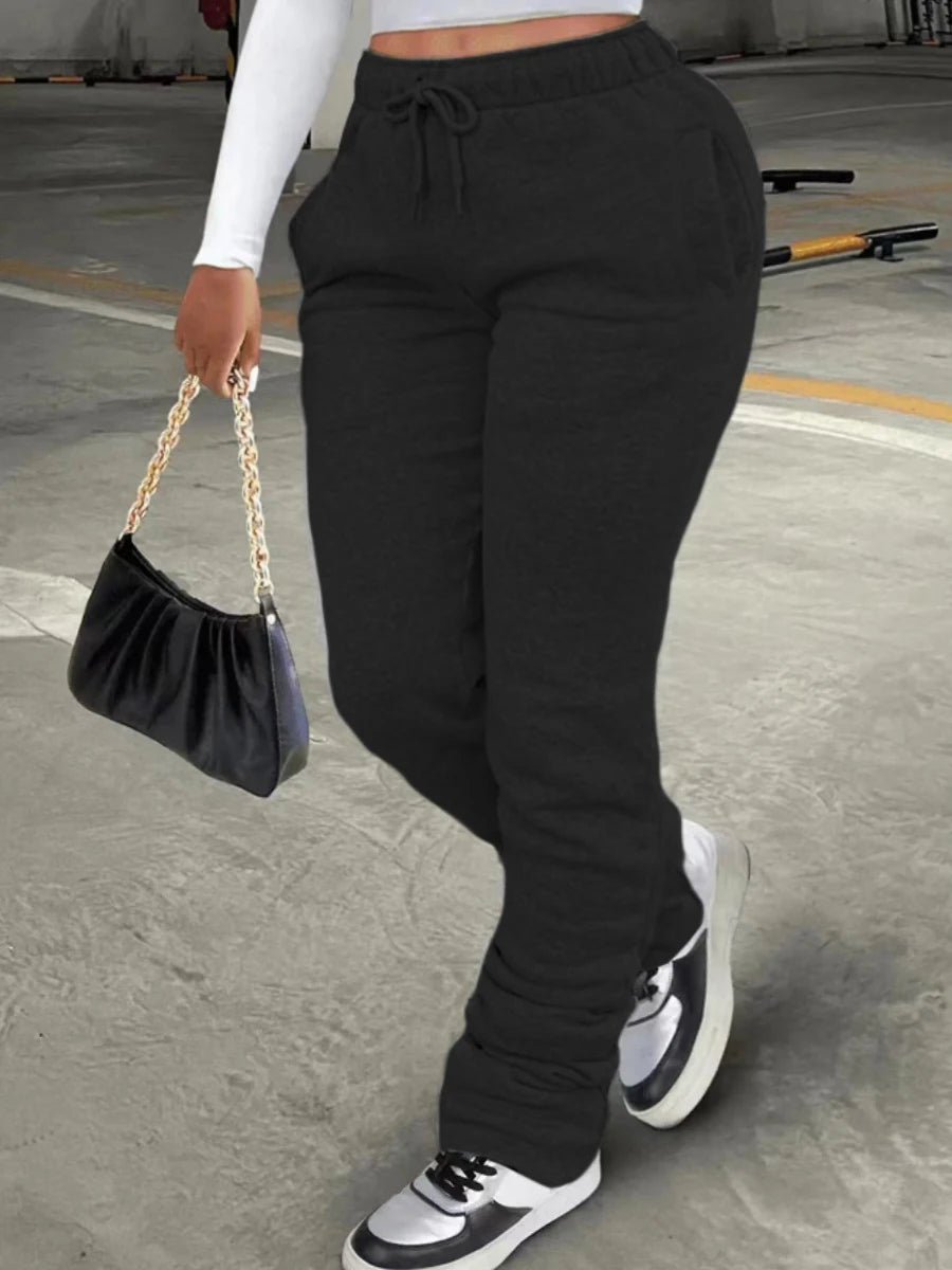 Plus Size Plain Pocket Sweatpants Mid Waist Drawstring Ruched Women Pants