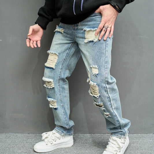 Men Loose Ripped Straight Jeans Pants Male Streetwear Stylish Casual Denim Trousers