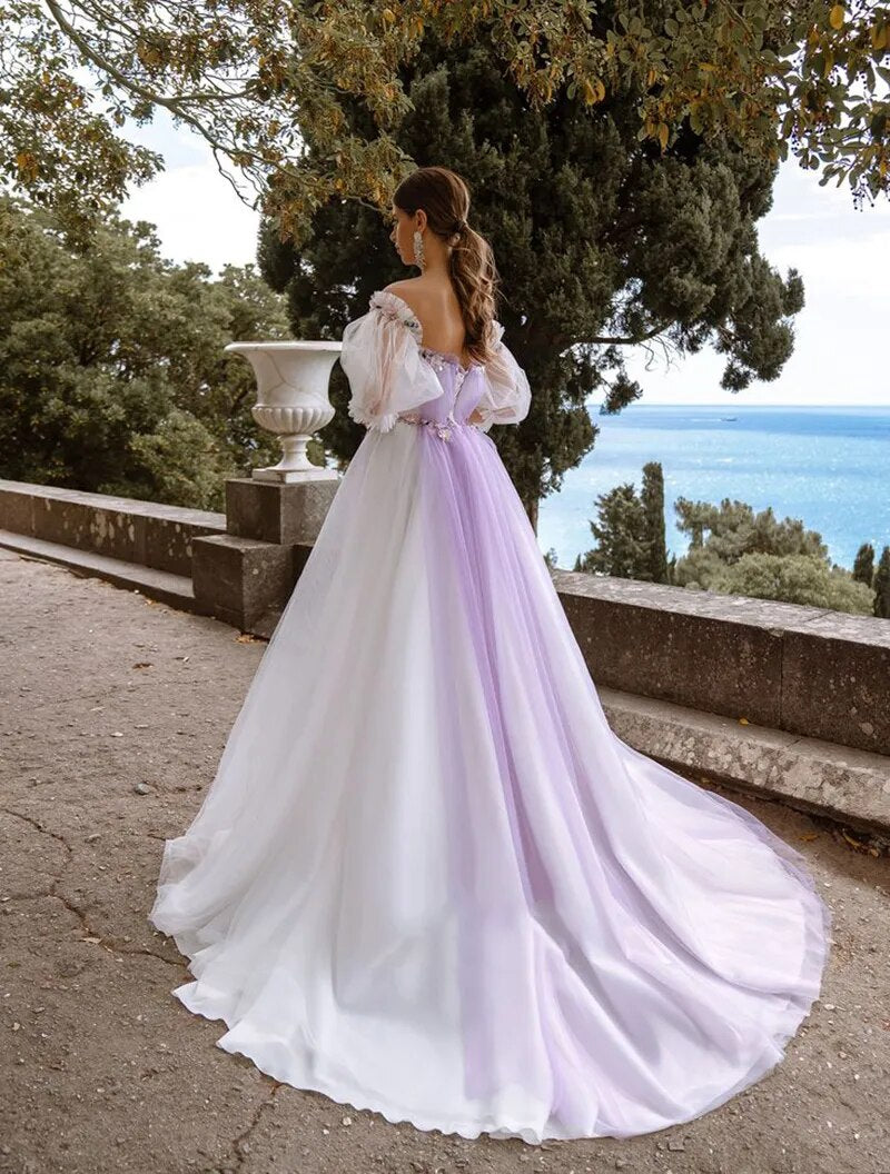 Beach Short Puff Sleeve Purple A Line Wedding Dresses 3D Lace Flowers Tulle Wedding Gown Backless Floor Length Bride Dress
