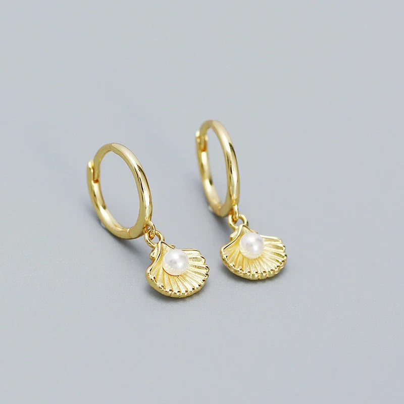 WANTME 925 Sterling Silver Romantic Sea Shell Pendant Synthetic Pearl Drop Earrings for Women Trendy Beach Bohemian Part Jewelry