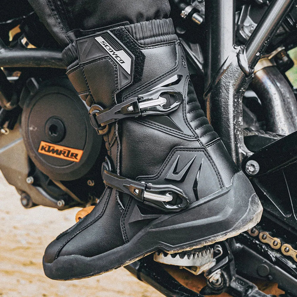 SCOYCO Retro Motorcycle Boots Cowhide Waterproof Mid-Calf Long Boots Riding Motocross Bota Motorbike Botas Motocross Shoes