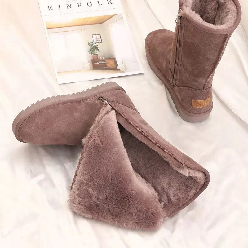 Women Leather Warm Snow Boots Causal Plush Fluffy Anti-cold Zipper Boots