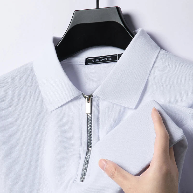 Summer New Men's Casual Slim Fit Polo Shirt Flip Collar Breathable Half Zipper Short Sleeve Top Solid Color Comfortable T-shirt