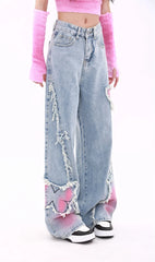 Blue Womens Jeans Butterfly High Waist Straight Baggy Denim Pants American