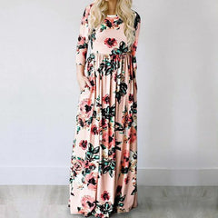 Pink Floral Print Boho Beach Dress Ladies Evening Party Long Dress Sundress