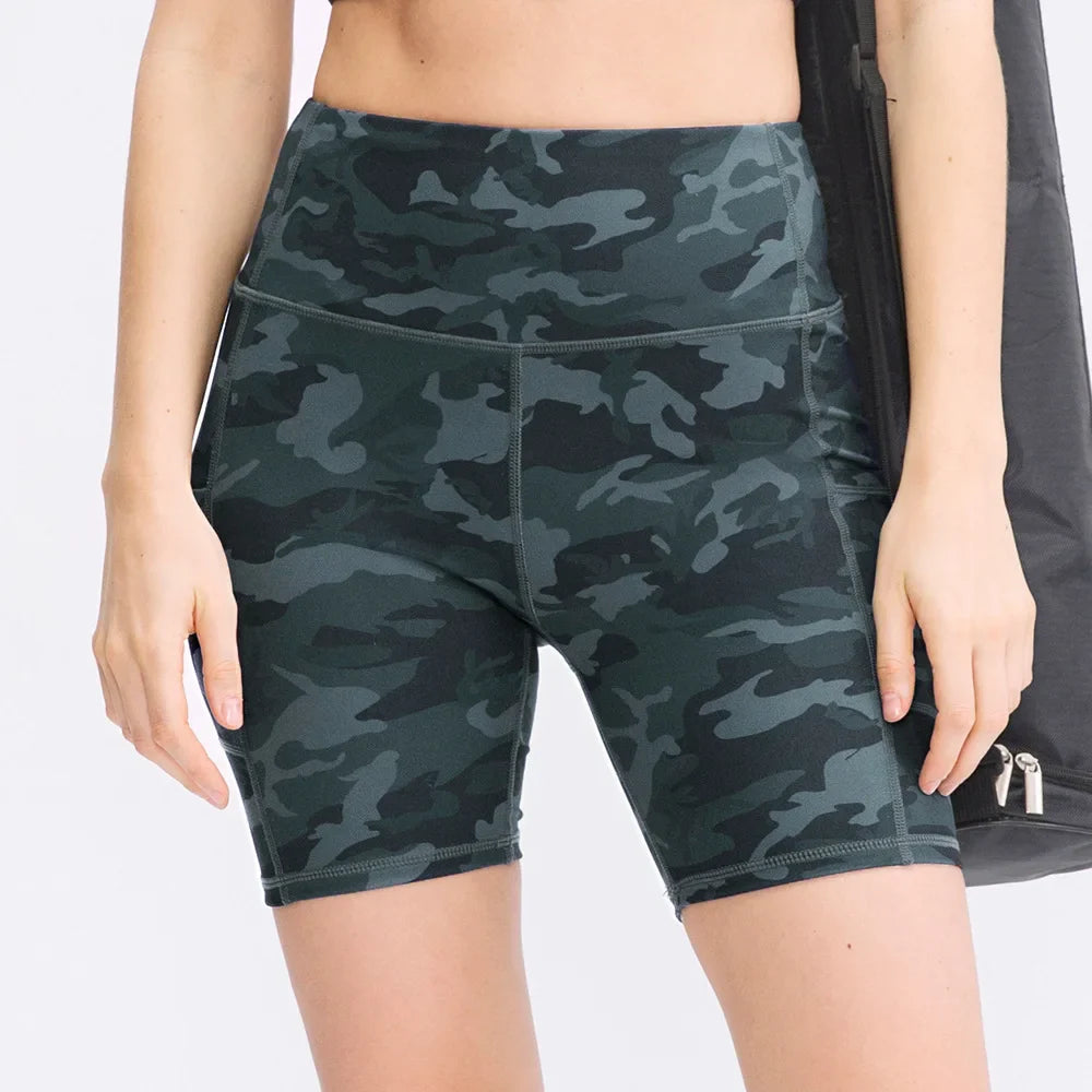 Women's printed nude yoga shorts with pockets skin-friendly tight stretch quick-drying sports fitness hiking running shorts