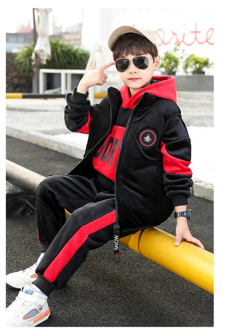 Boys Double-sided Velvet Sets Children Fashion Hooded Suit Kids Autumn Winter Jackets+Pants 2Pcs Outfits Teenager Casual Clothes