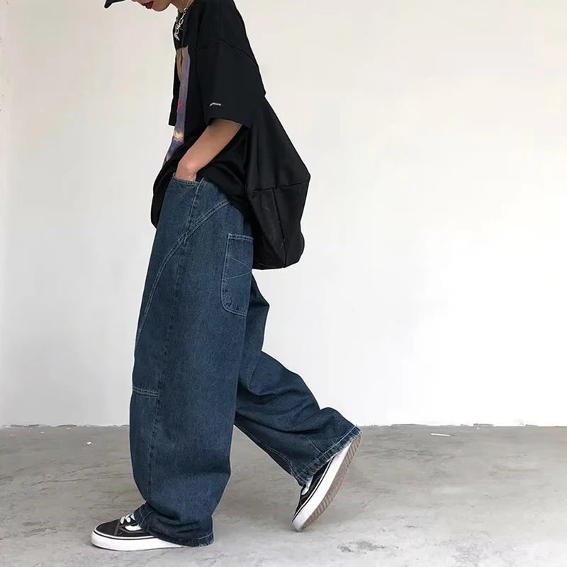 Japanese Oversized Jeans Men's Fashion Baggy Solid Color Casual Stitching Trousers