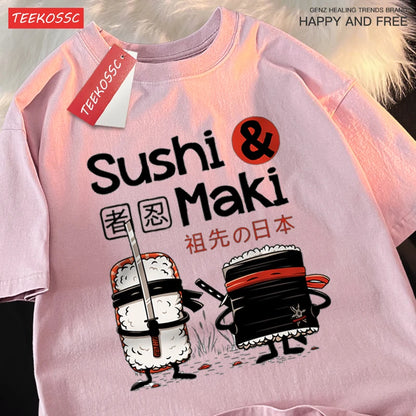 Theduc Sushi And Sushi Printing Men Women Tshirt Cotton T-Shirts Loose T Shirt Crewneck Loose Tops Fashion Clothes Unisex