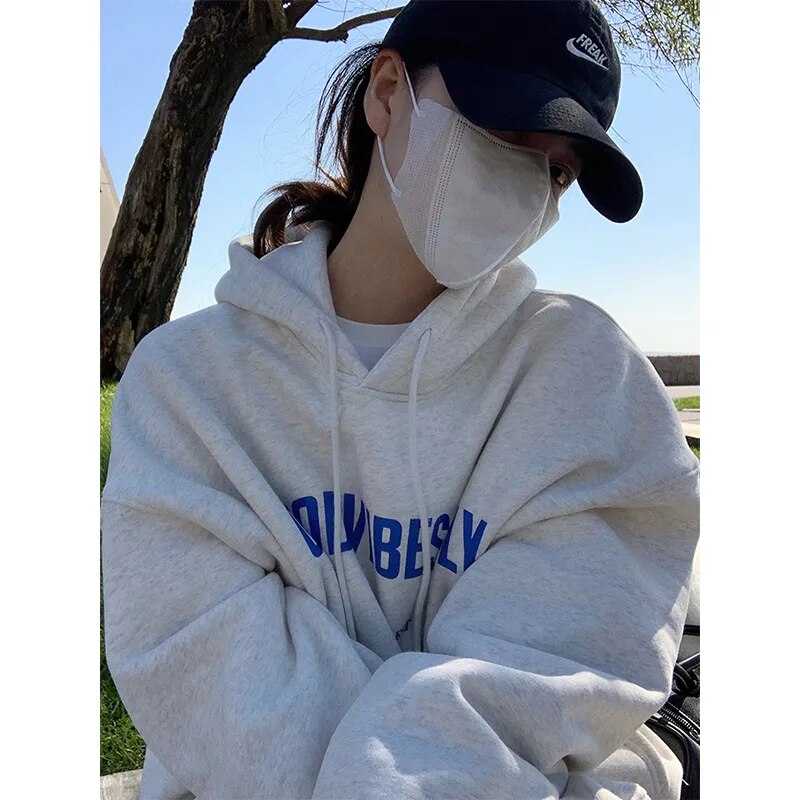 Womens Clothing Grey Vintage Street Sweatshirt Hoodie Letter Printing Long Sleeves Coats