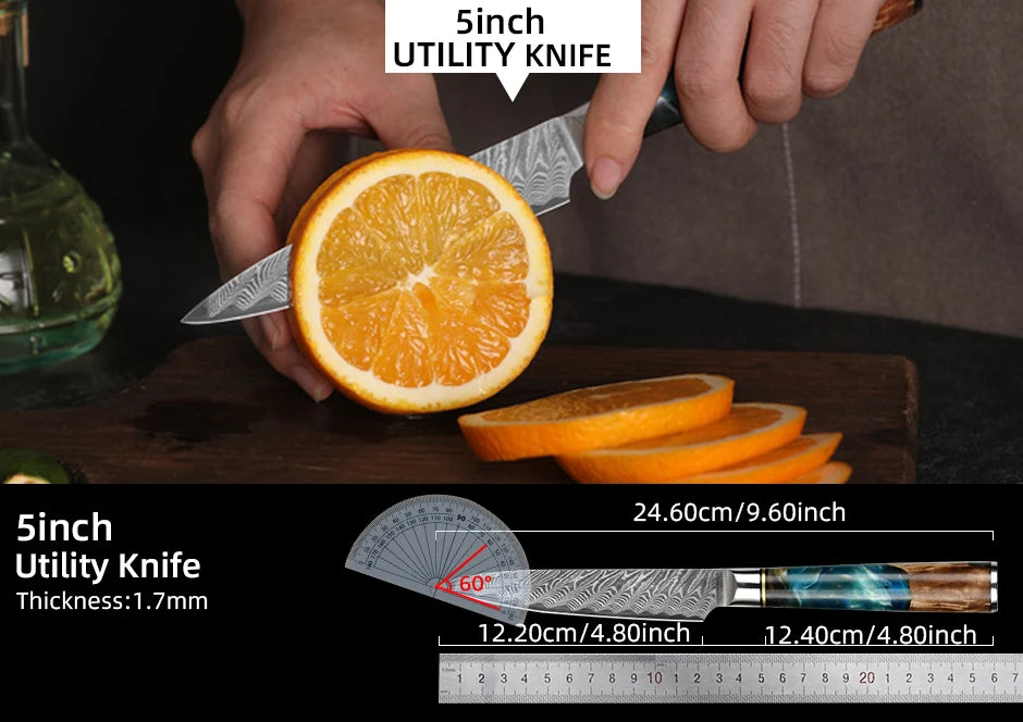 Kitchen Knives-Set Damascus Steel VG10 Chef Knife Cleaver Paring Bread Knife Blue