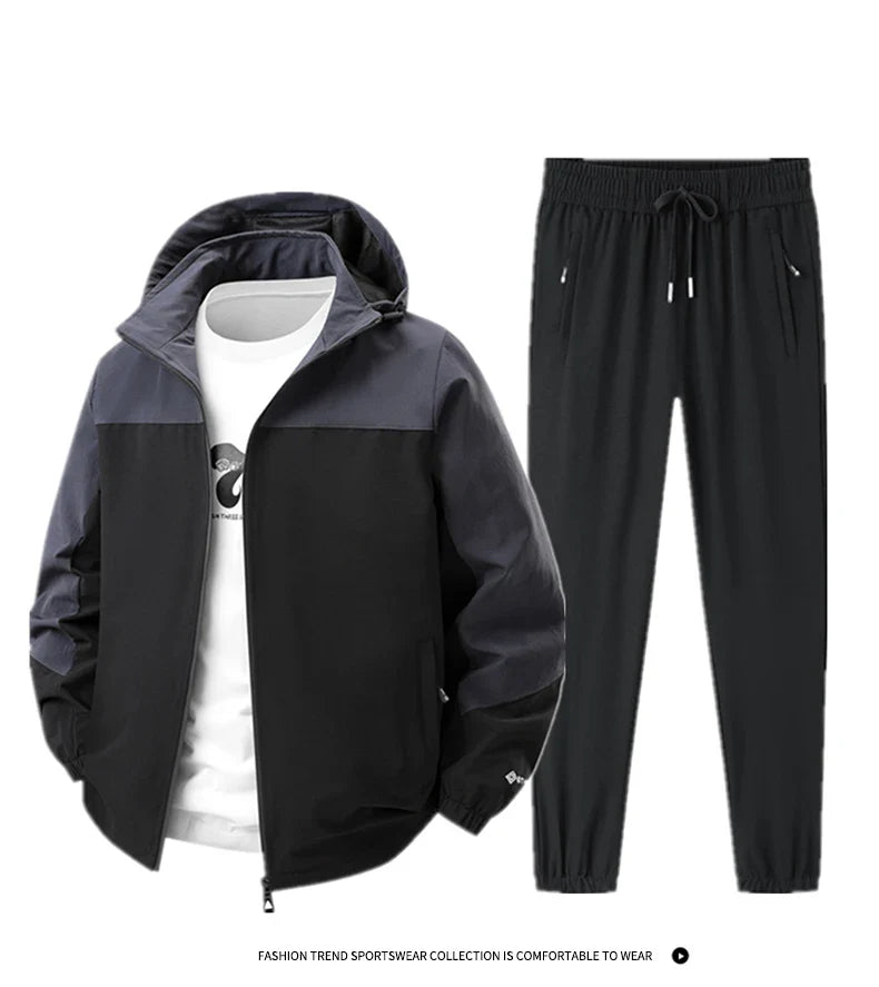Men Spring Autumn Sport Set Comfortable Breathable Detachable Hooded Jacket Pant Set Training Morning Fitness Running Sport Suit
